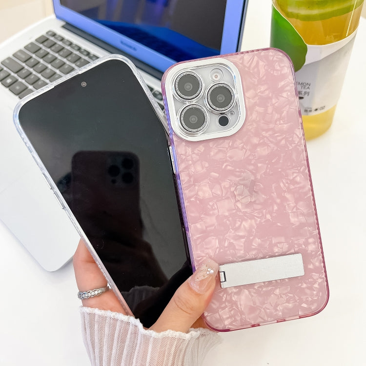 For iPhone 16e Plating Glitter Texture Fold Holder TPU Phone Case with Lens Film(Purple Feather Yarn) - iPhone 16e Cases by PMC TechLife | Online Shopping South Africa | PMC TechLife | Buy Now Pay Later Mobicred