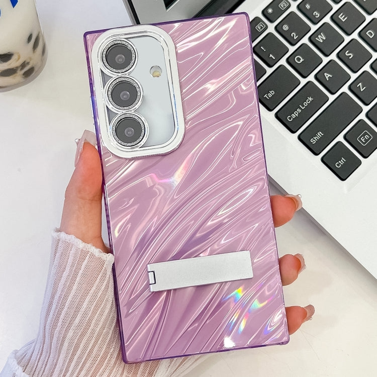 For Samsung Galaxy S25 5G Plating Glitter Texture Fold Holder TPU Phone Case with Lens Film(Purple Water Ripples) - Galaxy S25 5G Cases by PMC Jewellery | Online Shopping South Africa | PMC Jewellery | Buy Now Pay Later Mobicred