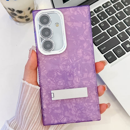 For Samsung Galaxy S25 5G Plating Glitter Texture Fold Holder TPU Phone Case with Lens Film(Purple Shell Pattern) - Galaxy S25 5G Cases by PMC Jewellery | Online Shopping South Africa | PMC Jewellery | Buy Now Pay Later Mobicred