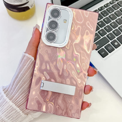 For Samsung Galaxy S25 5G Plating Glitter Texture Fold Holder TPU Phone Case with Lens Film(Pink Wrinkles) - Galaxy S25 5G Cases by PMC Jewellery | Online Shopping South Africa | PMC Jewellery | Buy Now Pay Later Mobicred