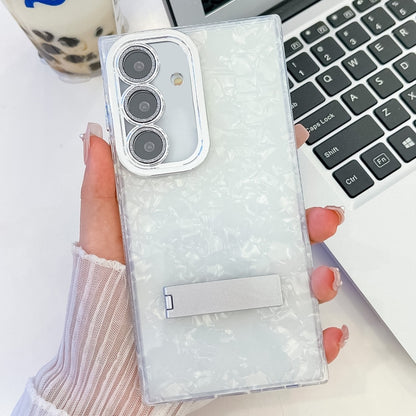 For Samsung Galaxy S25+ 5G Plating Glitter Texture Fold Holder TPU Phone Case with Lens Film(White Shell Pattern) - Galaxy S25+ 5G Cases by PMC Jewellery | Online Shopping South Africa | PMC Jewellery | Buy Now Pay Later Mobicred