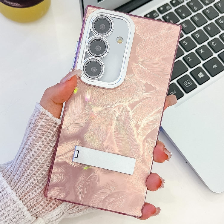 For Samsung Galaxy S25+ 5G Plating Glitter Texture Fold Holder TPU Phone Case with Lens Film(Pink Feathers) - Galaxy S25+ 5G Cases by PMC Jewellery | Online Shopping South Africa | PMC Jewellery | Buy Now Pay Later Mobicred