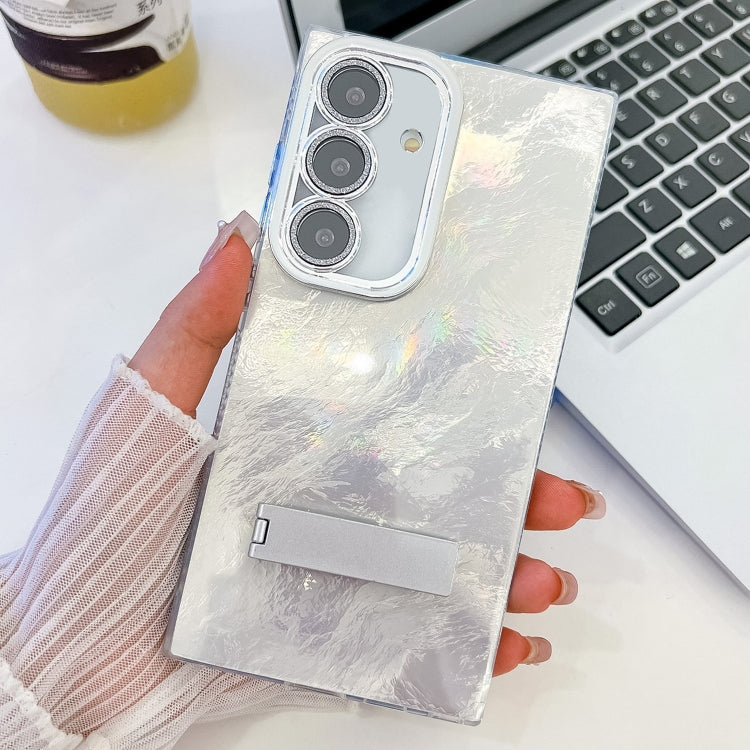 For Samsung Galaxy S25+ 5G Plating Glitter Texture Fold Holder TPU Phone Case with Lens Film(White Tinfoil Texture) - Galaxy S25+ 5G Cases by PMC Jewellery | Online Shopping South Africa | PMC Jewellery | Buy Now Pay Later Mobicred