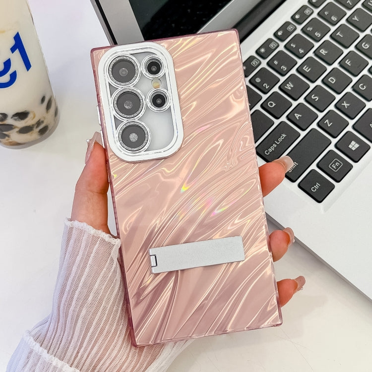 For Samsung Galaxy S25 Ultra 5G Plating Glitter Texture Fold Holder TPU Phone Case with Lens Film(Pink Water Ripples) - Galaxy S25 Ultra 5G Cases by PMC Jewellery | Online Shopping South Africa | PMC Jewellery | Buy Now Pay Later Mobicred