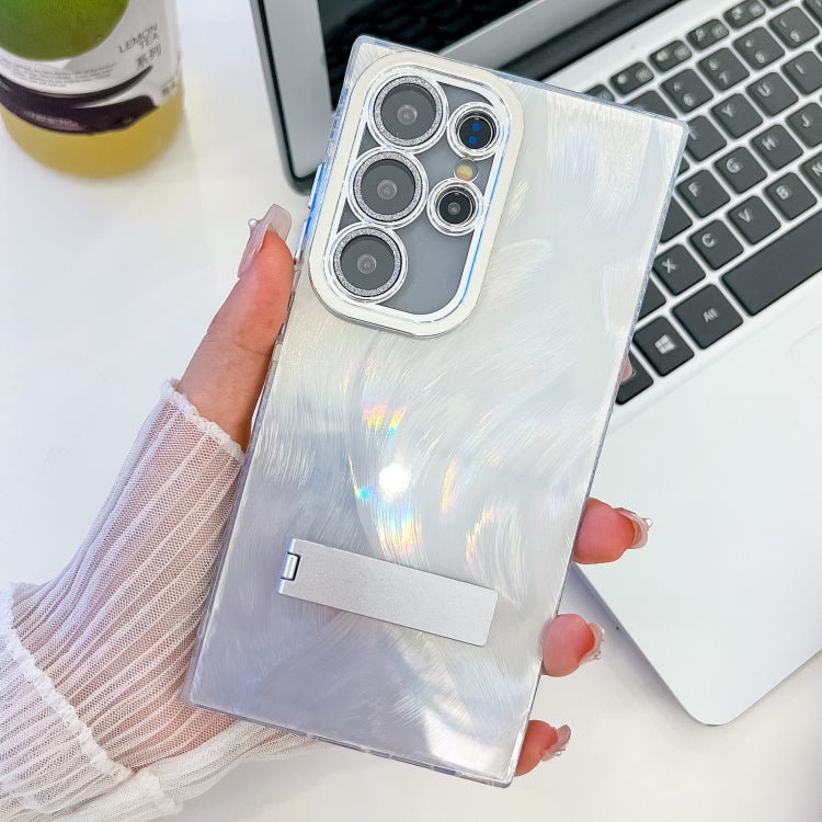 For Samsung Galaxy S25 Ultra 5G Plating Glitter Texture Fold Holder TPU Phone Case with Lens Film(White Feather Yarn) - Galaxy S25 Ultra 5G Cases by PMC Jewellery | Online Shopping South Africa | PMC Jewellery | Buy Now Pay Later Mobicred