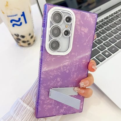 For Samsung Galaxy S25 5G Plating Glitter Texture Fold Holder TPU Phone Case with Lens Film(Purple Tinfoil Texture) - Galaxy S25 5G Cases by PMC Jewellery | Online Shopping South Africa | PMC Jewellery | Buy Now Pay Later Mobicred