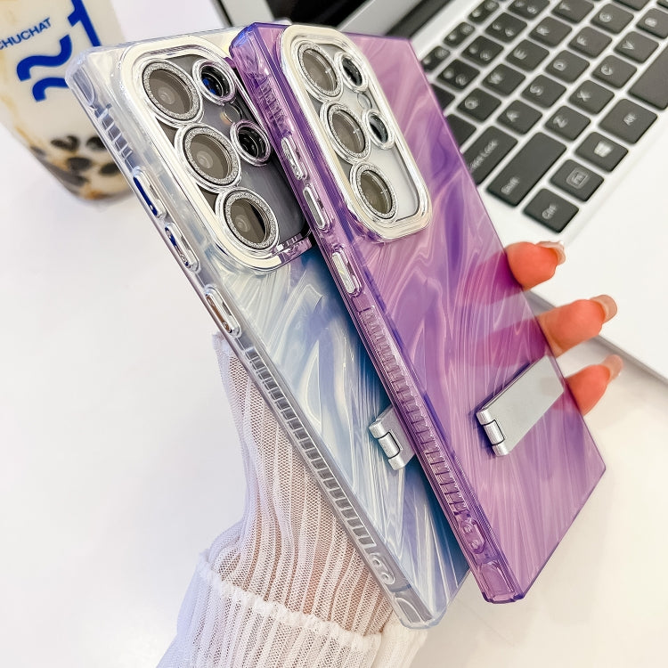 For Samsung Galaxy S25 Ultra 5G Plating Glitter Texture Fold Holder TPU Phone Case with Lens Film(Pink Shell Pattern) - free shipping - PMC Jewellery - Order now!