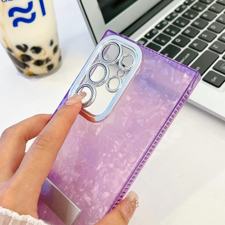 For Samsung Galaxy S25 Ultra 5G Plating Glitter Texture Fold Holder TPU Phone Case with Lens Film(Pink Feather Yarn) - Galaxy S25 Ultra 5G Cases by PMC Jewellery | Online Shopping South Africa | PMC Jewellery | Buy Now Pay Later Mobicred