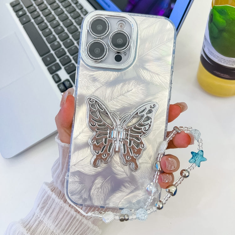 For iPhone 16 Pro Plating Glitter Lens Film Texture Butterfly Holder Wristband Phone Case(White Feathers) - iPhone 16 Pro Cases by PMC Jewellery | Online Shopping South Africa | PMC Jewellery | Buy Now Pay Later Mobicred