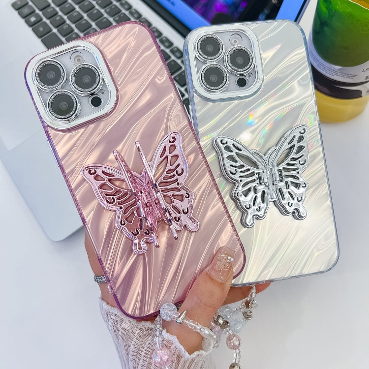 For iPhone 16 Plating Glitter Lens Film Texture Butterfly Holder Wristband Phone Case(Pink Tinfoil Texture) - iPhone 16 Cases by PMC TechLife | Online Shopping South Africa | PMC TechLife | Buy Now Pay Later Mobicred