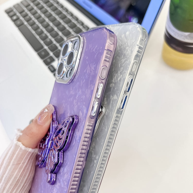 For iPhone 16 Pro Plating Glitter Lens Film Texture Butterfly Holder Wristband Phone Case(White Feathers) - iPhone 16 Pro Cases by PMC TechLife | Online Shopping South Africa | PMC TechLife | Buy Now Pay Later Mobicred