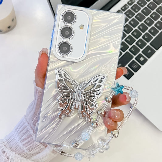 For Samsung Galaxy S25 5G Plating Glitter Lens Film Texture Butterfly Holder Wristband Phone Case(White Water Ripples) - Galaxy S25 5G Cases by PMC Jewellery | Online Shopping South Africa | PMC Jewellery | Buy Now Pay Later Mobicred