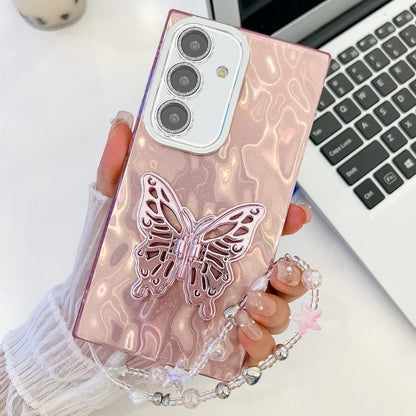 For Samsung Galaxy S25 5G Plating Glitter Lens Film Texture Butterfly Holder Wristband Phone Case(Pink Wrinkles) - Galaxy S25 5G Cases by PMC Jewellery | Online Shopping South Africa | PMC Jewellery | Buy Now Pay Later Mobicred