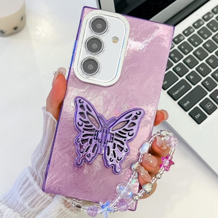 For Samsung Galaxy S25 5G Plating Glitter Lens Film Texture Butterfly Holder Wristband Phone Case(Purple Tinfoil Texture) - Galaxy S25 5G Cases by PMC Jewellery | Online Shopping South Africa | PMC Jewellery | Buy Now Pay Later Mobicred