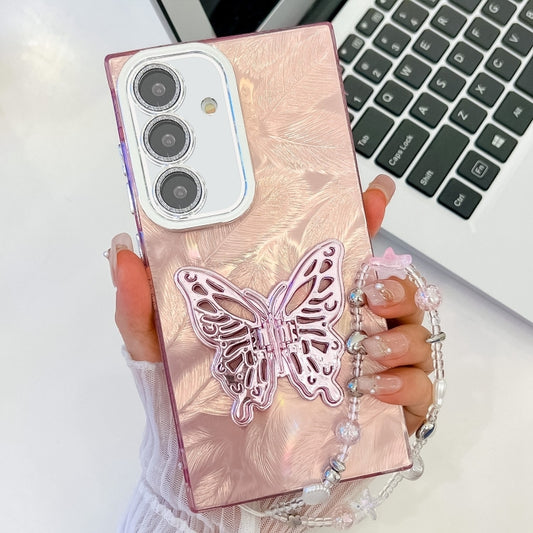 For Samsung Galaxy S25+ 5G Plating Glitter Lens Film Texture Butterfly Holder Wristband Phone Case(Pink Feathers) - Galaxy S25+ 5G Cases by PMC Jewellery | Online Shopping South Africa | PMC Jewellery | Buy Now Pay Later Mobicred