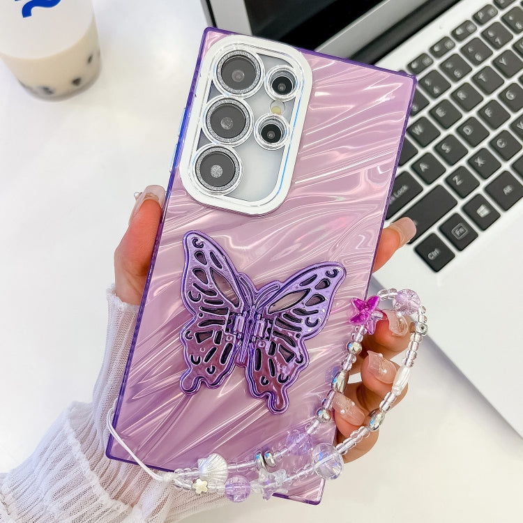 For Samsung Galaxy S25 Ultra 5G Plating Glitter Lens Film Texture Butterfly Holder Wristband Phone Case(Purple Water Ripples) - Galaxy S25 Ultra 5G Cases by PMC Jewellery | Online Shopping South Africa | PMC Jewellery | Buy Now Pay Later Mobicred