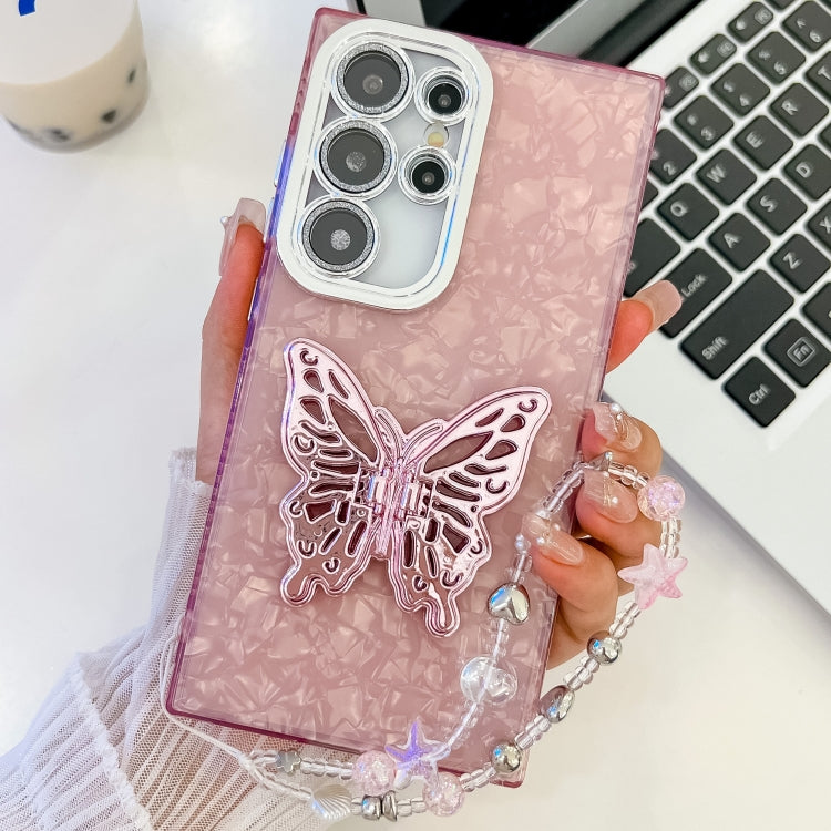 For Samsung Galaxy S25 Ultra 5G Plating Glitter Lens Film Texture Butterfly Holder Wristband Phone Case(Pink Shell Pattern) - Galaxy S25 Ultra 5G Cases by PMC Jewellery | Online Shopping South Africa | PMC Jewellery | Buy Now Pay Later Mobicred