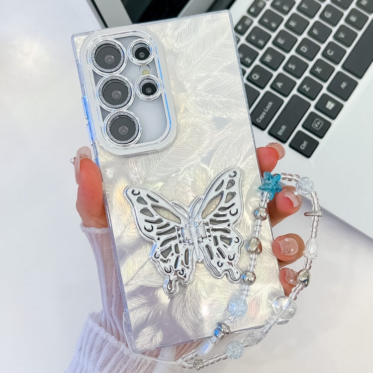 For Samsung Galaxy S25 Ultra 5G Plating Glitter Lens Film Texture Butterfly Holder Wristband Phone Case(White Feathers) - Galaxy S25 Ultra 5G Cases by PMC Jewellery | Online Shopping South Africa | PMC Jewellery | Buy Now Pay Later Mobicred