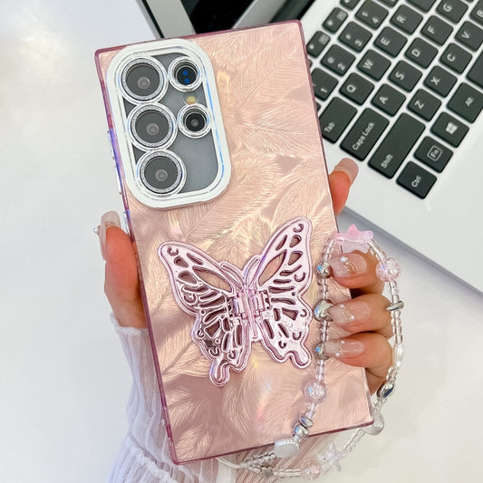 For Samsung Galaxy S25 Ultra 5G Plating Glitter Lens Film Texture Butterfly Holder Wristband Phone Case(Pink Feathers) - Galaxy S25 Ultra 5G Cases by PMC Jewellery | Online Shopping South Africa | PMC Jewellery | Buy Now Pay Later Mobicred