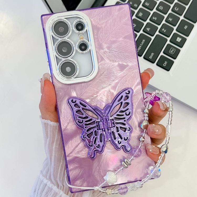 For Samsung Galaxy S25 Ultra 5G Plating Glitter Lens Film Texture Butterfly Holder Wristband Phone Case(Purple Feathers) - Galaxy S25 Ultra 5G Cases by PMC Jewellery | Online Shopping South Africa | PMC Jewellery | Buy Now Pay Later Mobicred