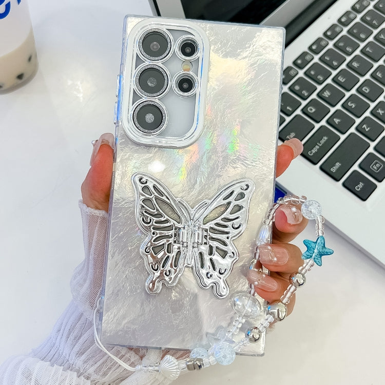 For Samsung Galaxy S25 Ultra 5G Plating Glitter Lens Film Texture Butterfly Holder Wristband Phone Case(White Tinfoil Texture) - Galaxy S25 Ultra 5G Cases by PMC Jewellery | Online Shopping South Africa | PMC Jewellery | Buy Now Pay Later Mobicred