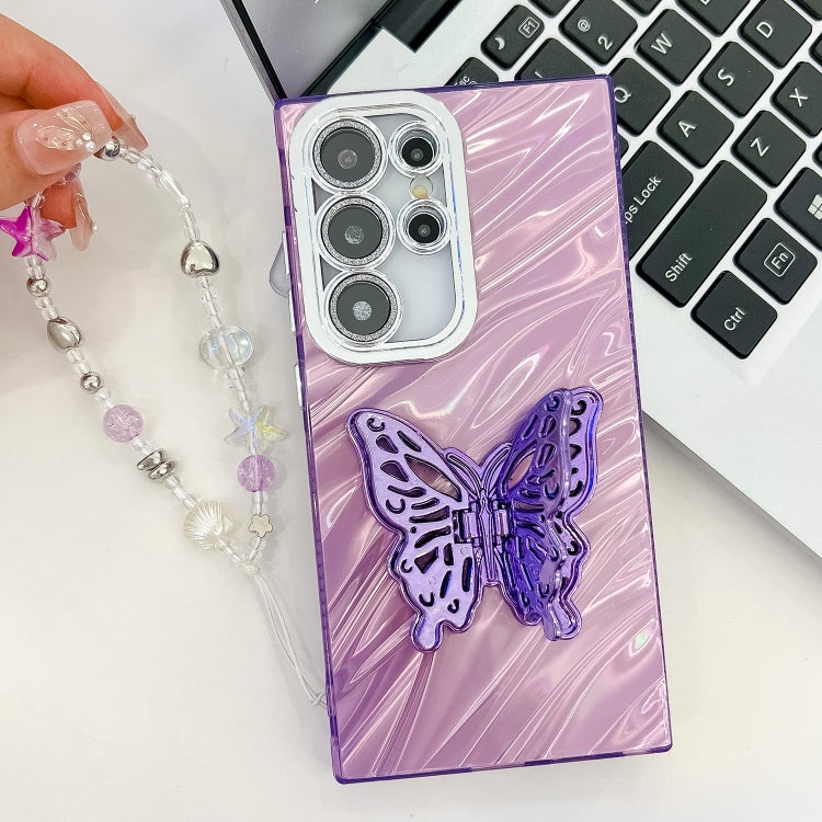 For Samsung Galaxy S25 5G Plating Glitter Lens Film Texture Butterfly Holder Wristband Phone Case(Pink Feathers) - Galaxy S25 5G Cases by PMC Jewellery | Online Shopping South Africa | PMC Jewellery | Buy Now Pay Later Mobicred