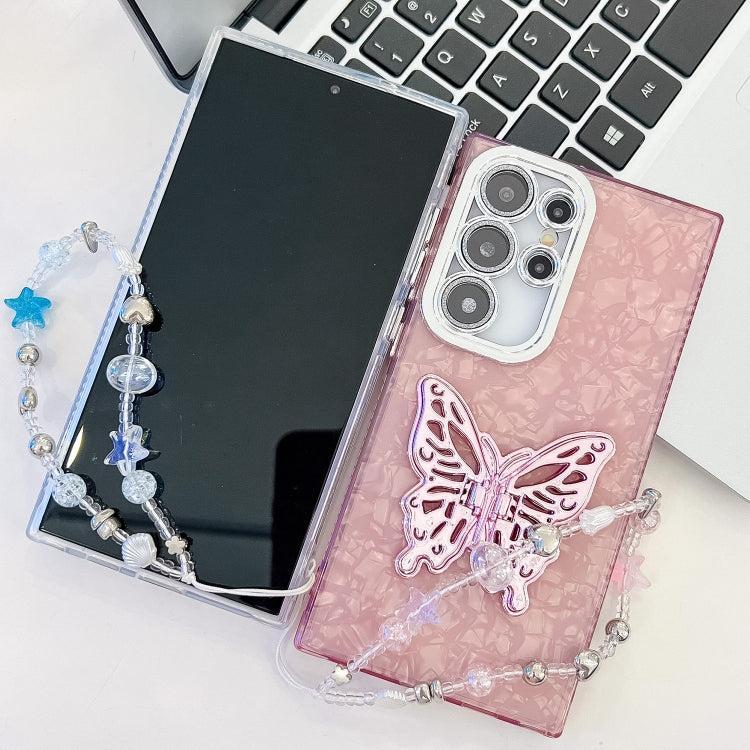 For Samsung Galaxy S25 5G Plating Glitter Lens Film Texture Butterfly Holder Wristband Phone Case(White Feathers) - Galaxy S25 5G Cases by PMC Jewellery | Online Shopping South Africa | PMC Jewellery | Buy Now Pay Later Mobicred