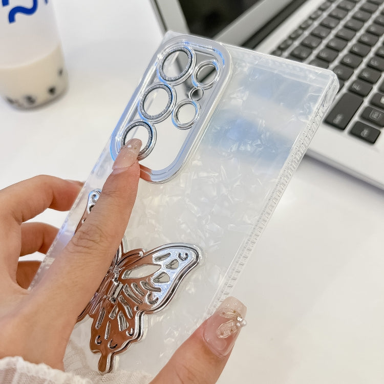 For Samsung Galaxy S25 Ultra 5G Plating Glitter Lens Film Texture Butterfly Holder Wristband Phone Case(Pink Tinfoil Texture) - Galaxy S25 Ultra 5G Cases by PMC Jewellery | Online Shopping South Africa | PMC Jewellery | Buy Now Pay Later Mobicred
