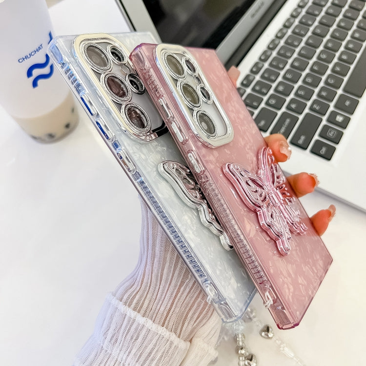 For Samsung Galaxy S25 Ultra 5G Plating Glitter Lens Film Texture Butterfly Holder Wristband Phone Case(White Feather Yarn) - Galaxy S25 Ultra 5G Cases by PMC Jewellery | Online Shopping South Africa | PMC Jewellery | Buy Now Pay Later Mobicred