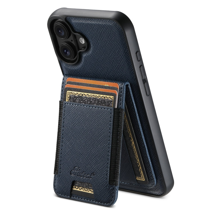 For iPhone 16 Suteni H17 Cross Grain Leather MagSafe Detachable Wallet Phone Case(Blue) - free shipping - PMC TechLife - Order now!