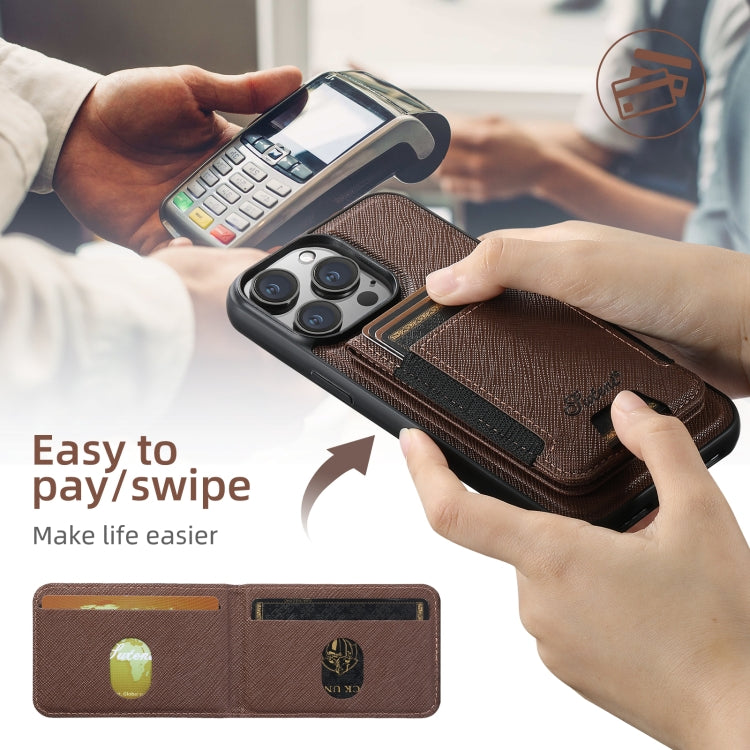 For iPhone 15 Pro Max Suteni H17 Cross Grain Leather MagSafe Detachable Wallet Phone Case(Brown) - free shipping - PMC Jewellery - Order now!
