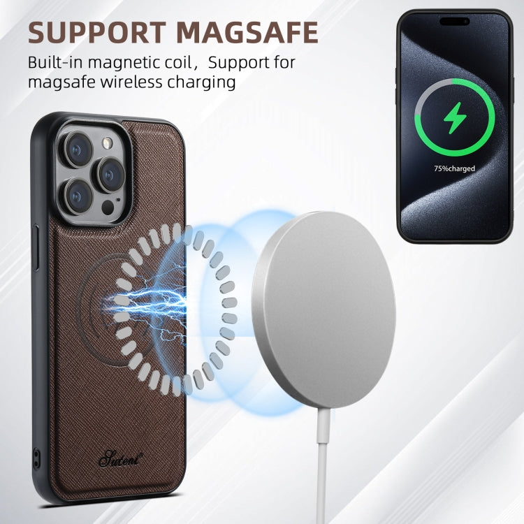 For iPhone 15 Pro Max Suteni H17 Cross Grain Leather MagSafe Detachable Wallet Phone Case(Brown) - free shipping - PMC Jewellery - Order now!