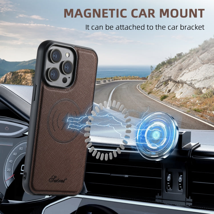 For iPhone 15 Pro Max Suteni H17 Cross Grain Leather MagSafe Detachable Wallet Phone Case(Brown) - free shipping - PMC Jewellery - Order now!