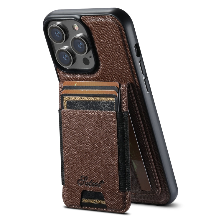 For iPhone 15 Pro Max Suteni H17 Cross Grain Leather MagSafe Detachable Wallet Phone Case(Brown) - free shipping - PMC Jewellery - Order now!