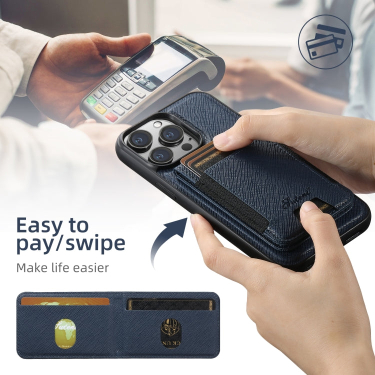 For iPhone 15 Suteni H17 Cross Grain Leather MagSafe Detachable Wallet Phone Case(Blue) - free shipping - PMC Jewellery - Order now!