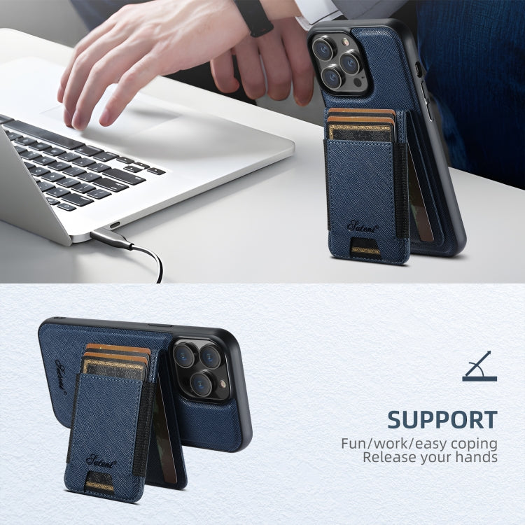 For iPhone 15 Suteni H17 Cross Grain Leather MagSafe Detachable Wallet Phone Case(Blue) - free shipping - PMC Jewellery - Order now!