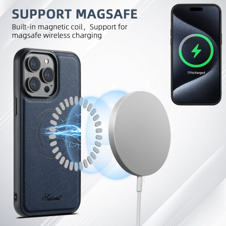 For iPhone 15 Suteni H17 Cross Grain Leather MagSafe Detachable Wallet Phone Case(Blue) - free shipping - PMC Jewellery - Order now!