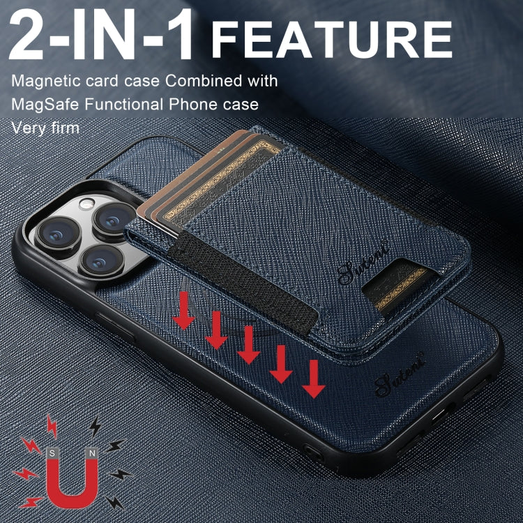 For iPhone 15 Suteni H17 Cross Grain Leather MagSafe Detachable Wallet Phone Case(Blue) - free shipping - PMC Jewellery - Order now!