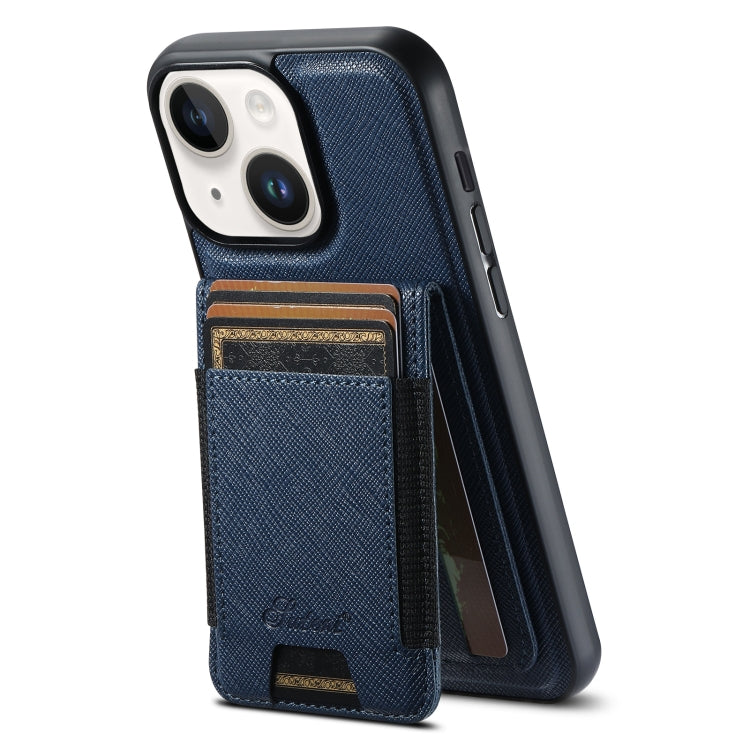 For iPhone 15 Suteni H17 Cross Grain Leather MagSafe Detachable Wallet Phone Case(Blue) - free shipping - PMC Jewellery - Order now!