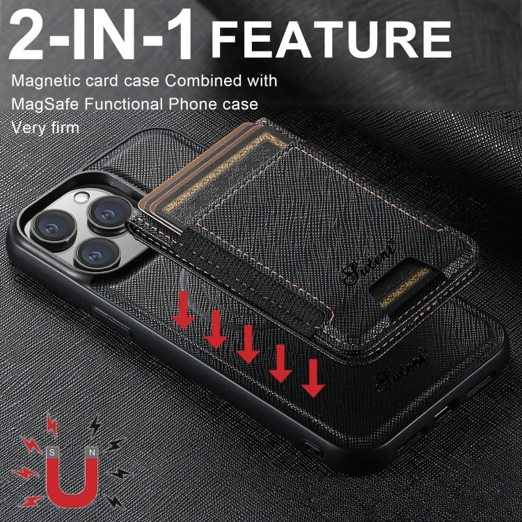 For iPhone 12 Pro Suteni H17 Cross Grain Leather MagSafe Detachable Wallet Phone Case(Black) - iPhone 12 / 12 Pro Cases by Suteni | Online Shopping South Africa | PMC Jewellery | Buy Now Pay Later Mobicred