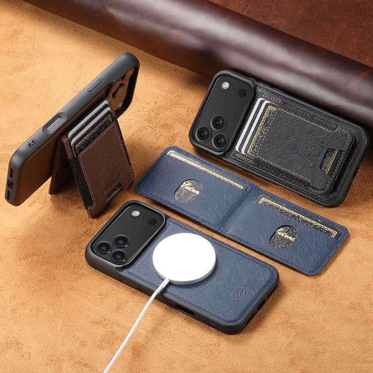 For iPhone 15 Suteni H17 Cross Grain Leather MagSafe Detachable Wallet Phone Case(Blue) - free shipping - PMC Jewellery - Order now!