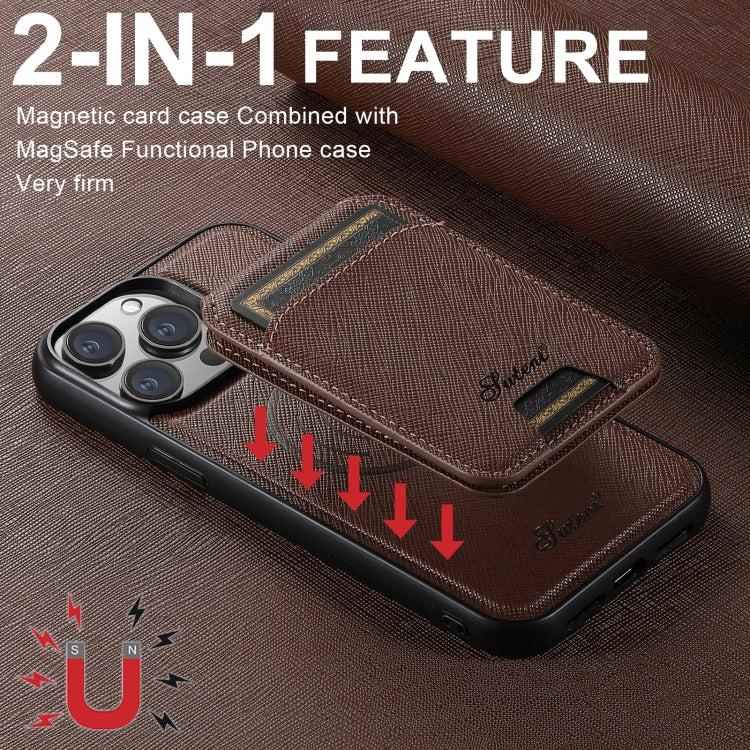 For iPhone 16 Pro Max Suteni H18 Cross Grain MagSafe Wallet Leather Phone Case(Brown) - iPhone 16 Pro Max Cases by Suteni | Online Shopping South Africa | PMC Jewellery | Buy Now Pay Later Mobicred