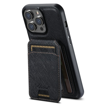 For iPhone 16 Pro Suteni H18 Cross Grain MagSafe Wallet Leather Phone Case(Black) - iPhone 16 Pro Cases by Suteni | Online Shopping South Africa | PMC Jewellery | Buy Now Pay Later Mobicred