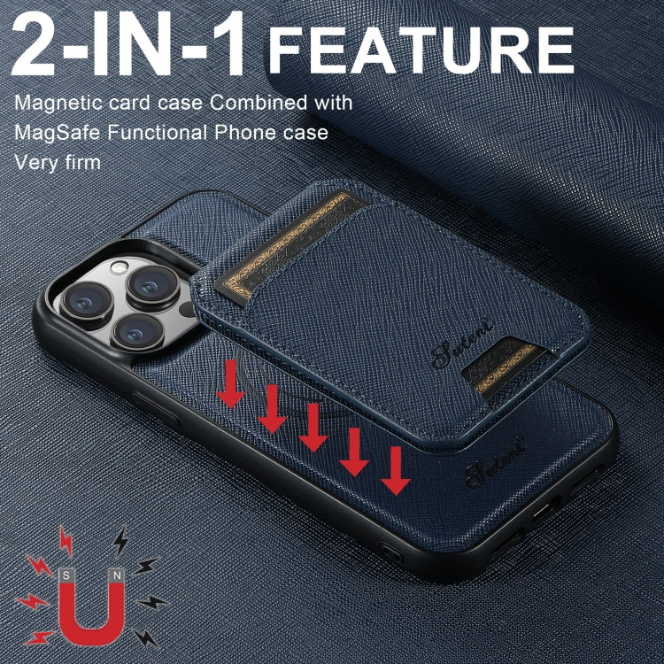 For iPhone 15 Pro Suteni H18 Cross Grain MagSafe Wallet Leather Phone Case(Blue) - iPhone 15 Pro Cases by Suteni | Online Shopping South Africa | PMC Jewellery | Buy Now Pay Later Mobicred