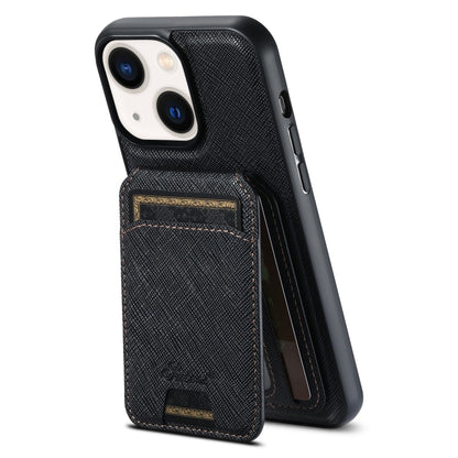 For iPhone 14 Suteni H18 Cross Grain MagSafe Wallet Leather Phone Case(Black) - iPhone 14 Cases by Suteni | Online Shopping South Africa | PMC Jewellery | Buy Now Pay Later Mobicred