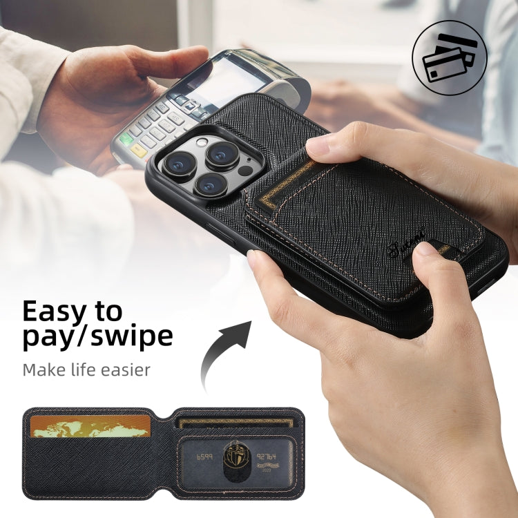 For iPhone 12 Suteni H18 Cross Grain MagSafe Wallet Leather Phone Case(Black) - free shipping - PMC Jewellery - Order now!