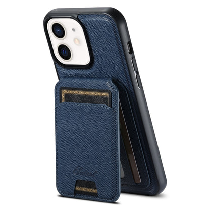 For iPhone 12 Suteni H18 Cross Grain MagSafe Wallet Leather Phone Case(Blue) - iPhone 12 / 12 Pro Cases by Suteni | Online Shopping South Africa | PMC Jewellery | Buy Now Pay Later Mobicred