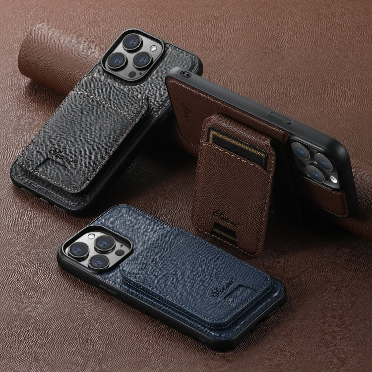 For iPhone 16 Suteni H18 Cross Grain MagSafe Wallet Leather Phone Case(Brown) - iPhone 16 Cases by Suteni | Online Shopping South Africa | PMC Jewellery | Buy Now Pay Later Mobicred