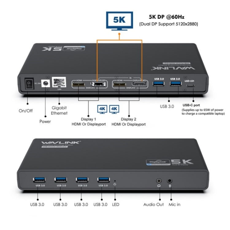 WAVLINK UG69PD6 Dual 4K Laptop Docking Station 5K HD Displaylink 65 / 100W PD Charging, Plug:EU Plug - free shipping - PMc TechLife - Order now!