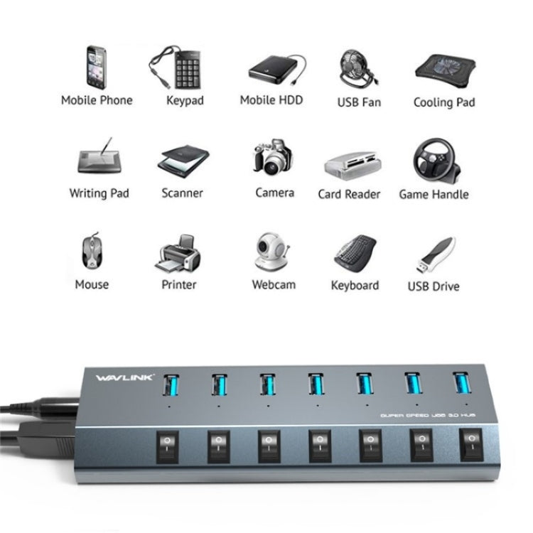 WAVLINK UH3076 5Gbps 7-port USB 3.0 Hub with Independent Switch and LED Indicator(US Plug) - free shipping - PMC Jewellery - Order now!